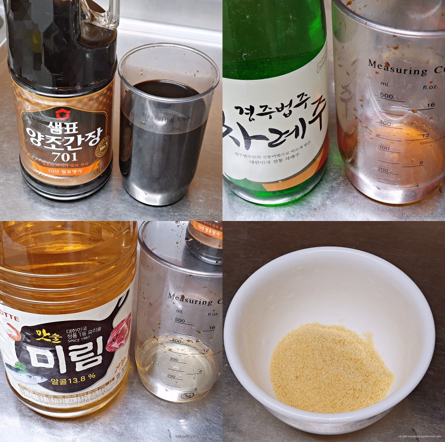 판모밀국수의 육수(쯔유)에 들어갈 양념들(장 500ml, 정종 70ml, 미림 70ml, 설탕 200g) 사진