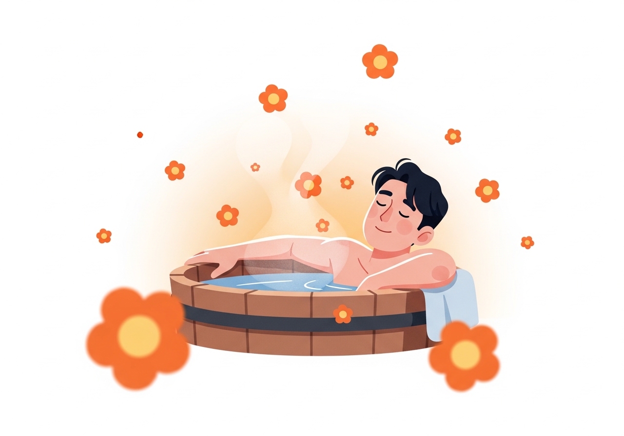 따뜻한 목욕을 하는 남자 일러스트