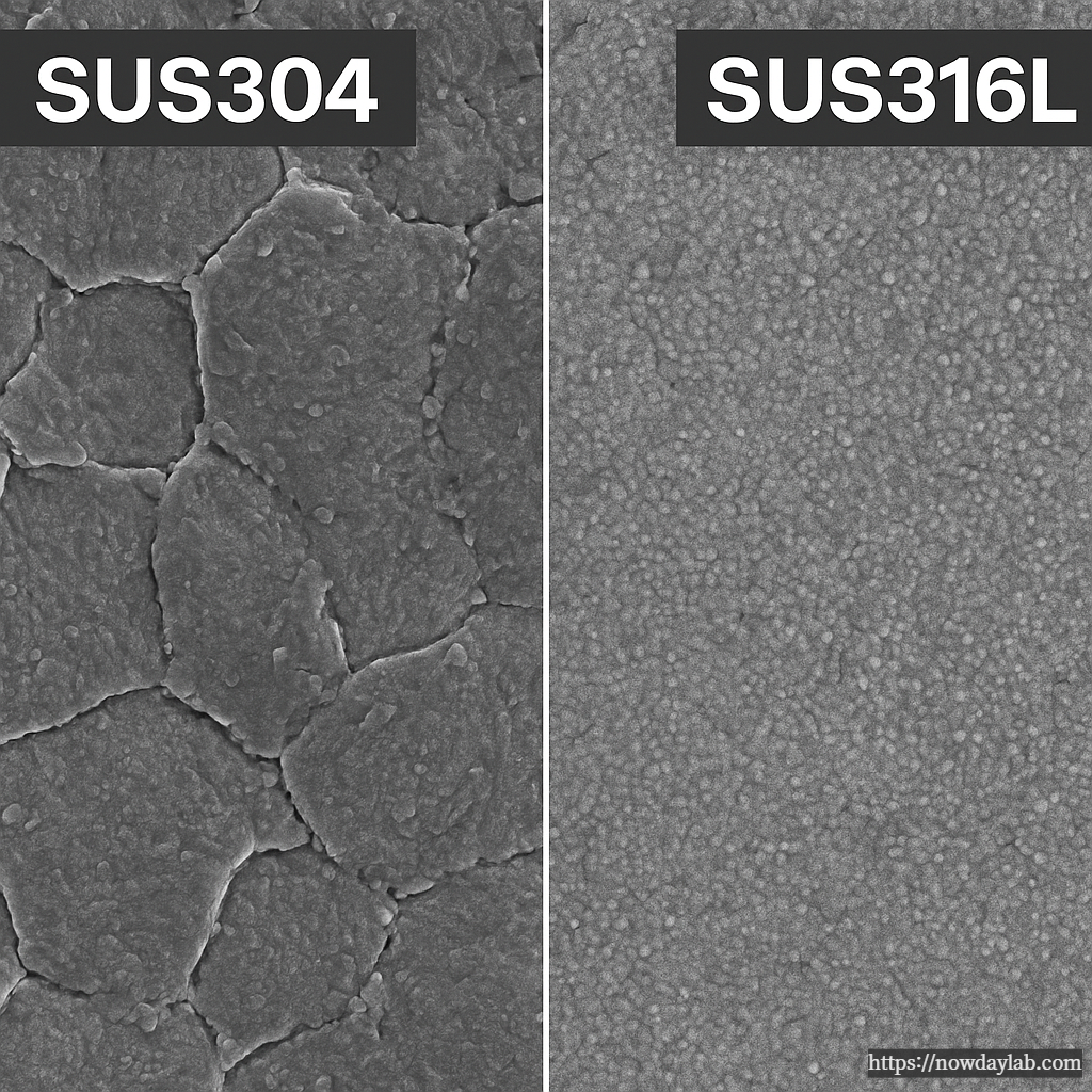 SEM-style microscopic texture comparison of SUS304 and SUS316L stainless steel, showing coarser grains in 304 and denser, finer grains in 316L.