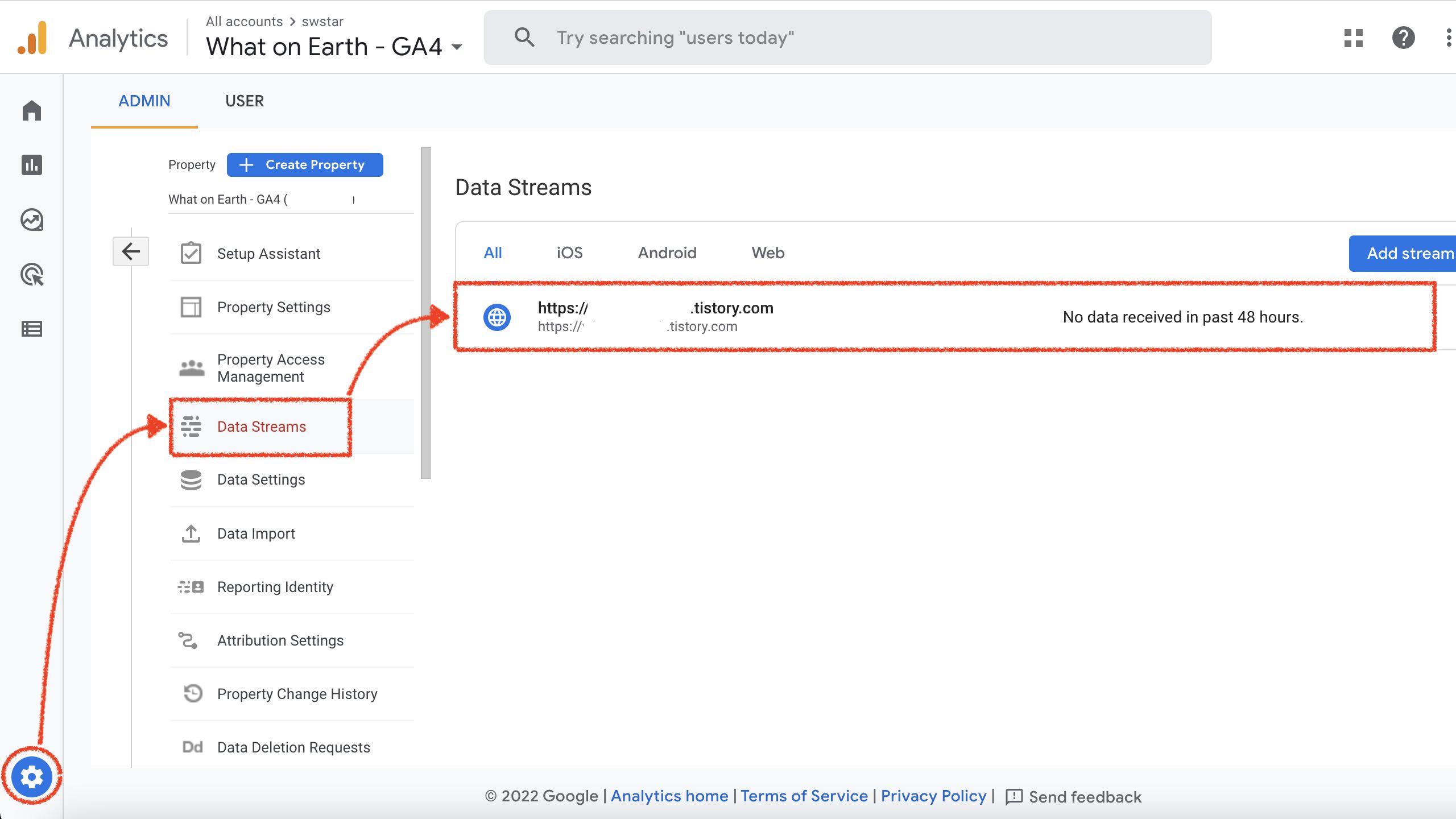screenshot of Google Analytics 4, showing Data Streams in Admin. Websites and apps, for which traffic is tracked, are listed here.