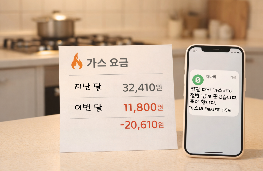 줄어든 가스비 고지서와 캐시백 알림 이미지