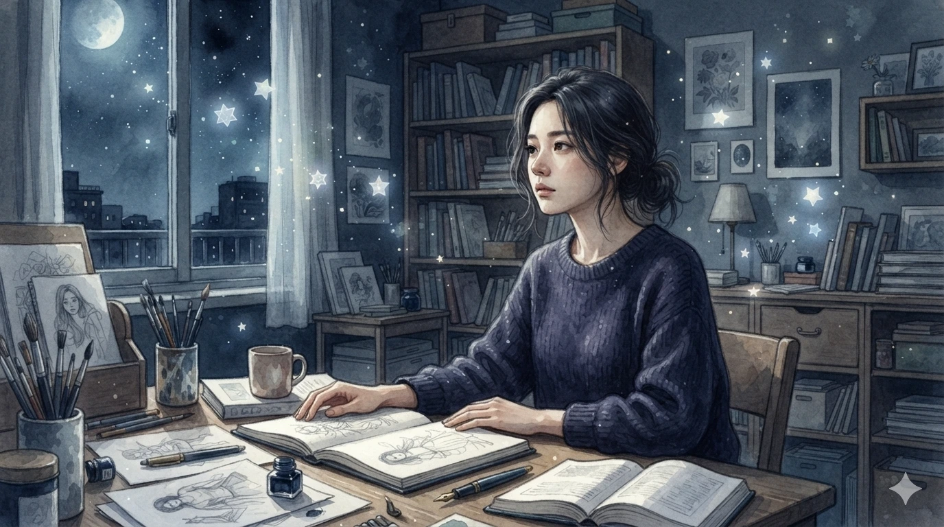 달빛이 드는 서재에서 깊은 영감과 예리한 통찰에 잠겨 있는 현대 한국인 창작자의 모습을 담은 가로형 일러스트
