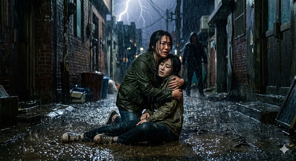 거센 폭우와 천둥번개가 치는 밤, 쓰러진 선영을 온몸으로 감싸 안으며 위기에서 구해내는 친구 정희의 헌신적인 모습