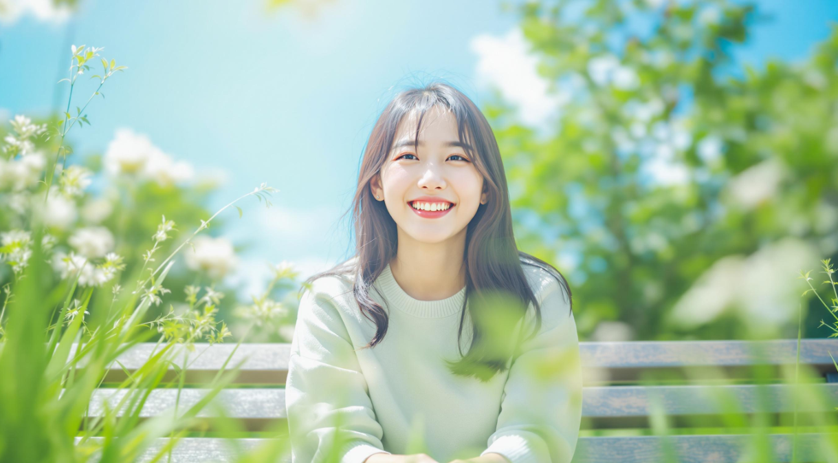 두통에서 벗어나 환하게 웃고있는 여성