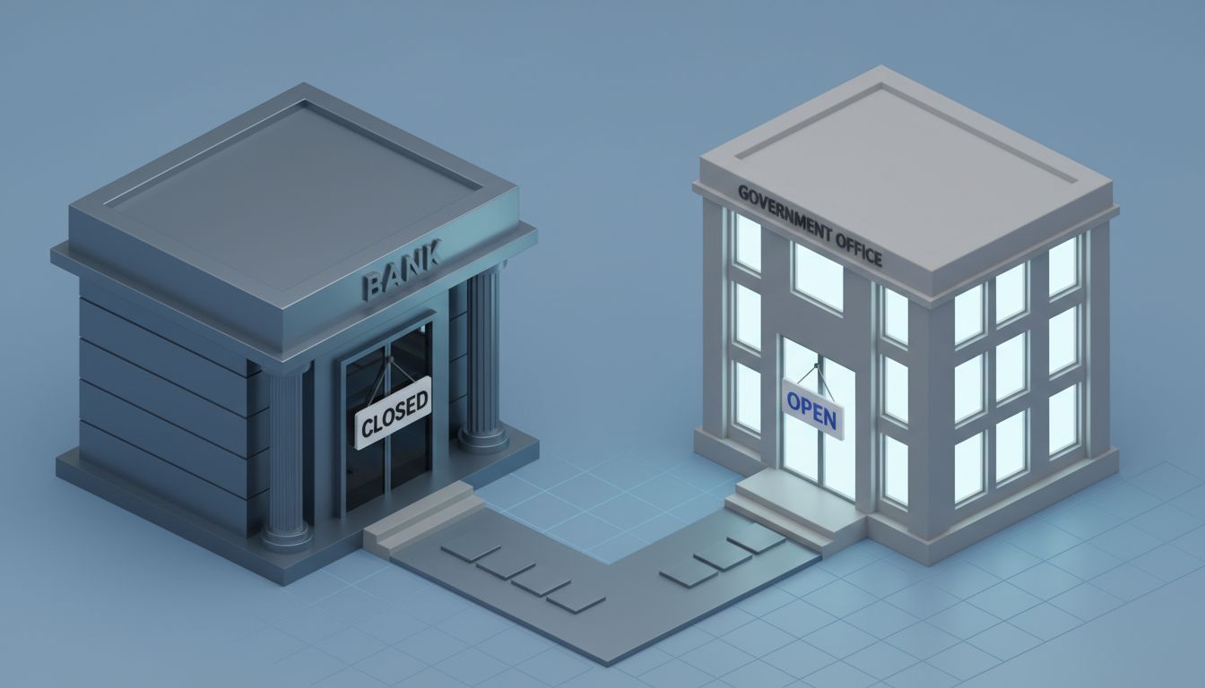 근로자의 날 은행 문은 닫혀 있고 관공서는 열려 있는 모습을 나타낸 3D 일러스트