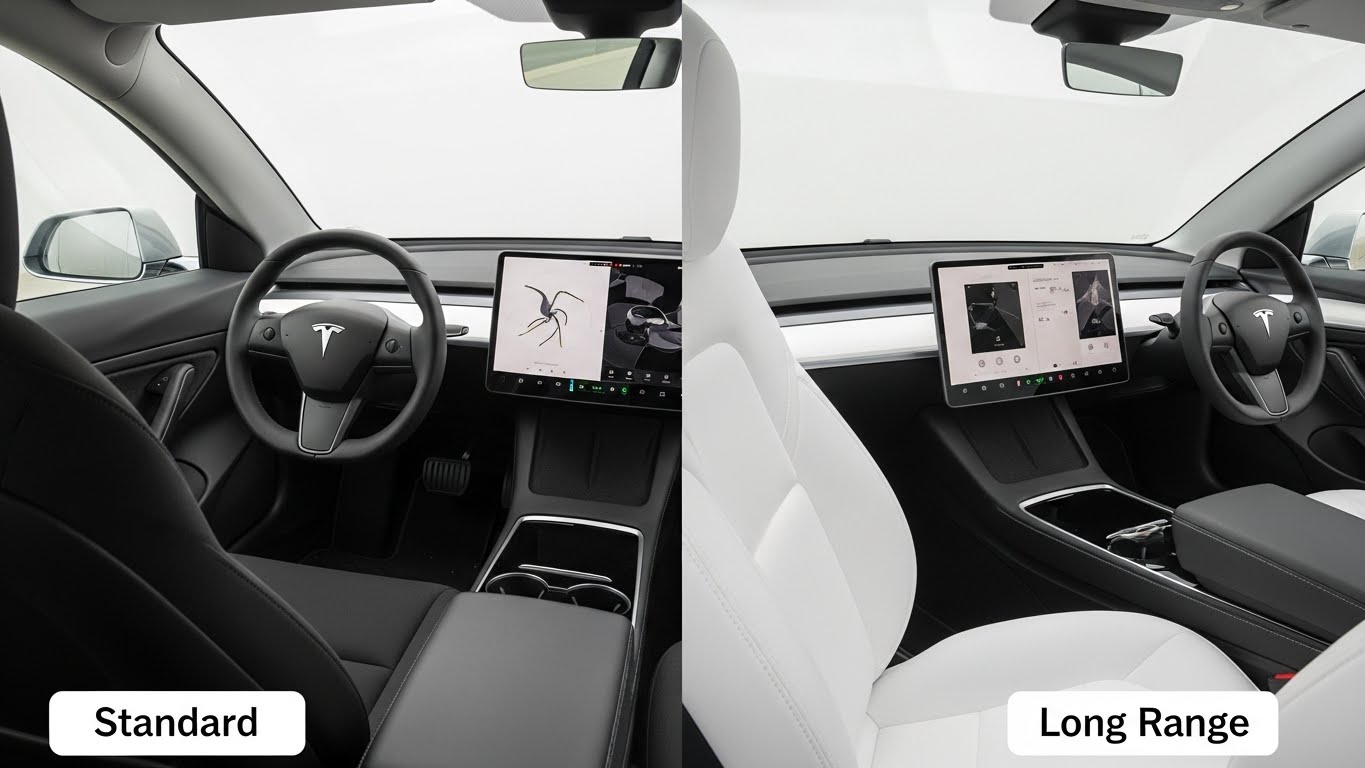 모델 3 스탠다드(직물 시트)와 롱레인지(가죽 시트)의 실내를 반반씩 비교해서 보여주는 이미지. 옵션의 차이를 직관적으로 비교
