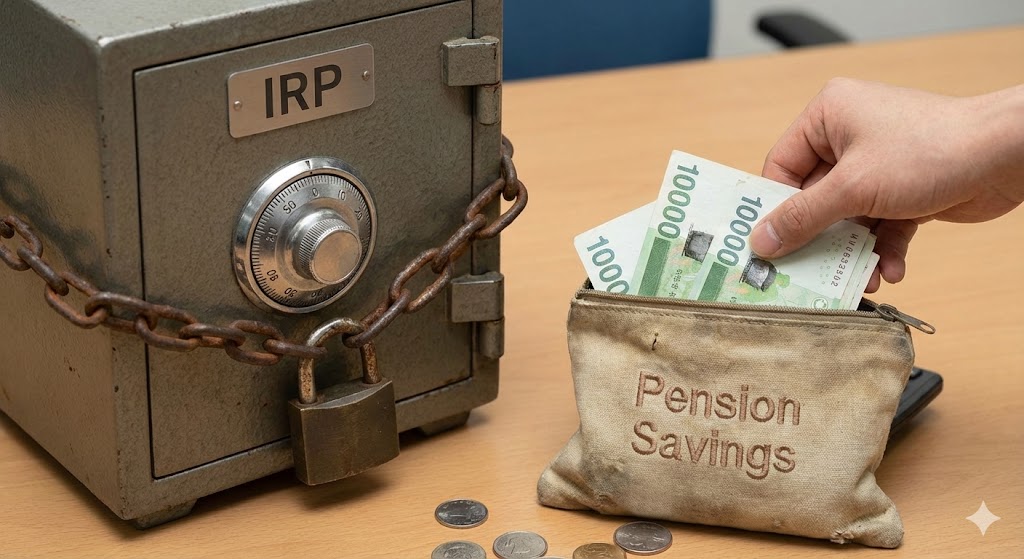 IRP 계좌(자물쇠 잠김)와 연금저축 계좌(지퍼 열림)를 비교하며, 연금저축에서만 돈을 자유롭게 꺼내는 모습