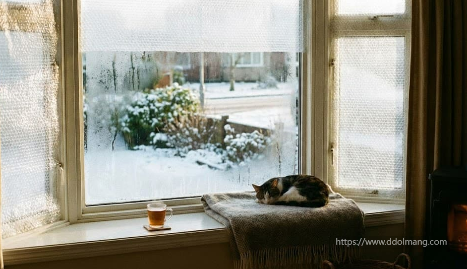 에어캡이 붙어 있는 창문앞에 고양이가 쉬고 있는 모습