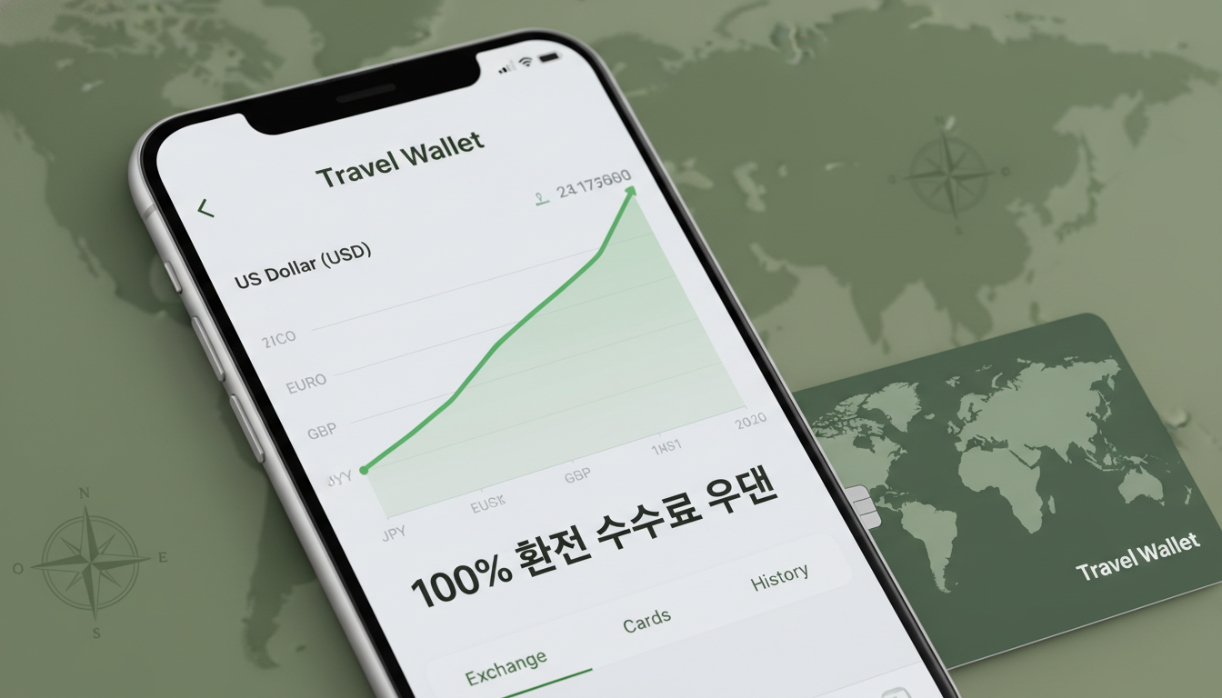 트래블월렛 앱 화면과 카드 이미지. 달러 환율 100% 우대 혜택을 강조하고 있다.