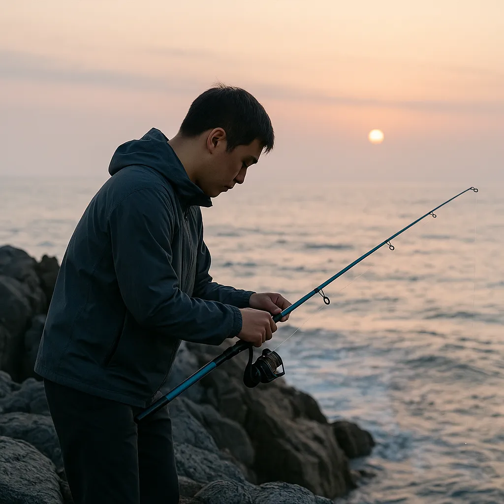 해돋이 바다에서 찌낚시를 준비하는 남성