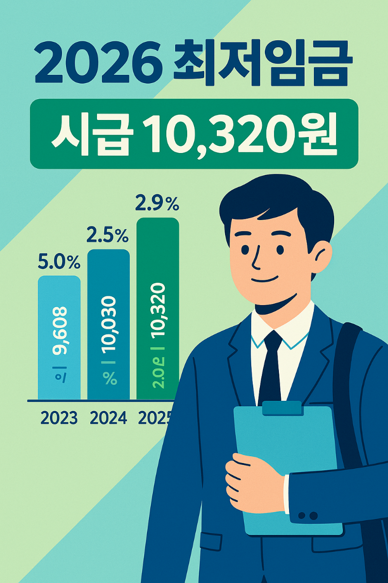 2026년 한국 최저임금 시급 10,320원을 크게 강조한 인포그래픽 썸네일로, 파란색과 초록색 배경 위에 직장인 일러스트와 최저임금 막대그래프가 함께 배치된 이미지입니다.