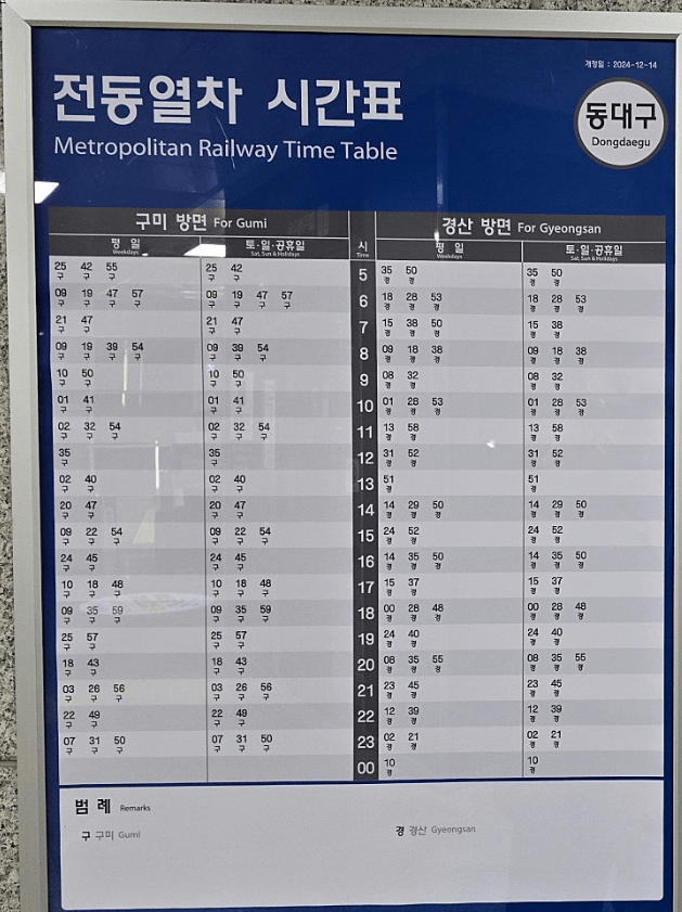 대경선 동대구역 시간표