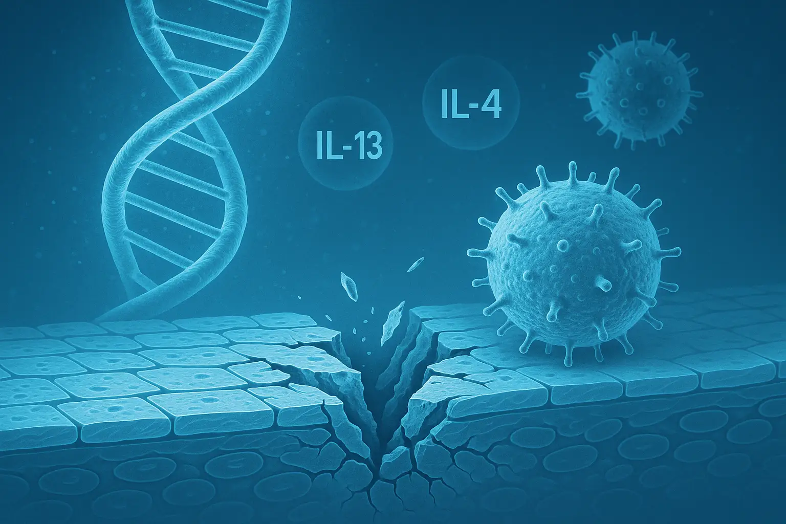DNA 나선 구조와 면역세포, IL-4·IL-13 등 유전자 텍스트 요소, 피부 장벽이 손상되는 장면