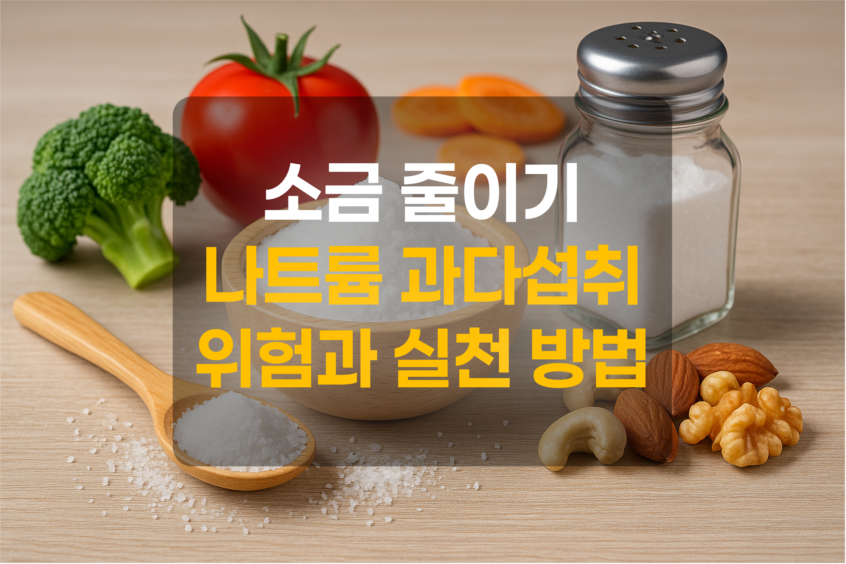 나트륨을 표현한 소금과 건강식(견과류, 토마토, 당근, 브로콜리)을 표현한 이미지와 텍스트