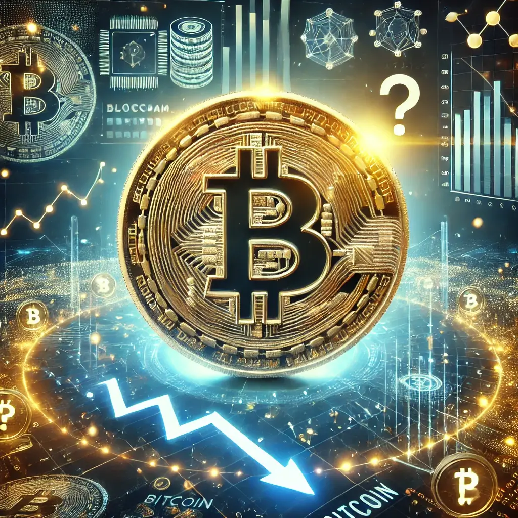 "비트코인 심볼과 하락하는 그래프, 그리고 시장의 불확실성을 나타내는 물음표가 포함된 개념적 이미지"