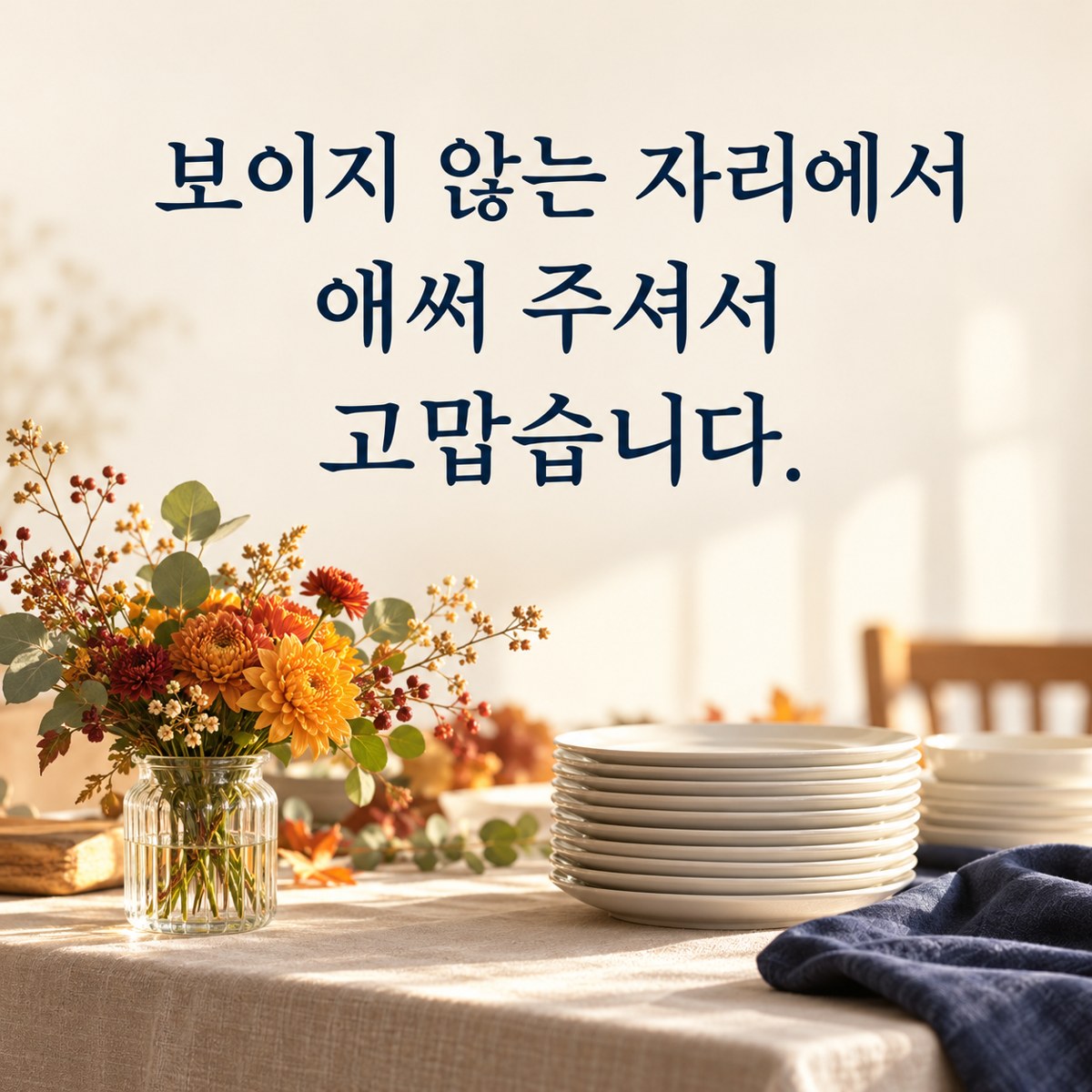 추수감사절 카톡 인사말 봉사후 카드 &mdash; 빈 식탁에 포개 놓은 접시와 작은 감사 꽃