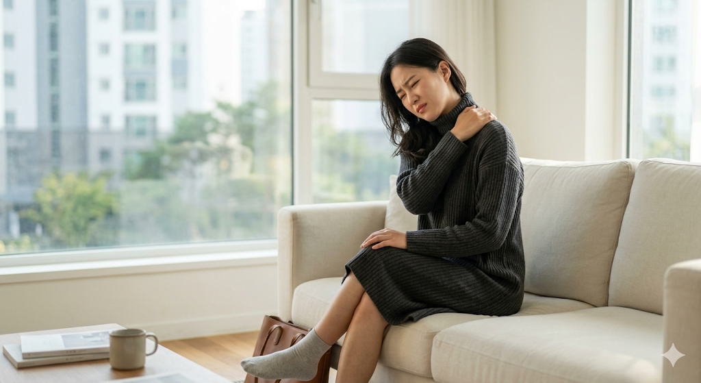 퇴근 후 소파에 앉아 승모근과 어깨가 뭉친 여성 모습