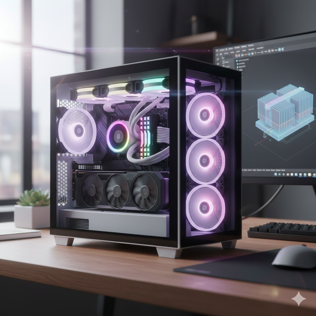 책상 위에 놓인 고성능 소형 폼팩터(SFF) PC의 측면 전체가 투명한 강화 유리로 되어 내부 부품이 환하게 보이는 이미지예요. 케이스 내부에는 하얀색 부품들과 RGB LED 조명이 화려하게 빛나고 있어요. 전면에는 세 개의 대형 팬이, 후면에는 하나의 팬과 CPU 일체형 수랭 쿨러의 펌프가 보이며 모두 보라색과 분홍색, 민트색이 섞인 빛을 내고 있어요. 특히 수랭 쿨러의 튜브와 케이블이 깔끔하게 정리되어 있고, 아래쪽에는 거대한 트리플 팬 그래픽카드가 장착되어 있어요. 이 PC는 밝은 색상의 책상 위에 놓여 있고, 뒤쪽 모니터에는 냉각 시스템의 설계도와 같은 3D 모델링 이미지가 띄워져 있어요.