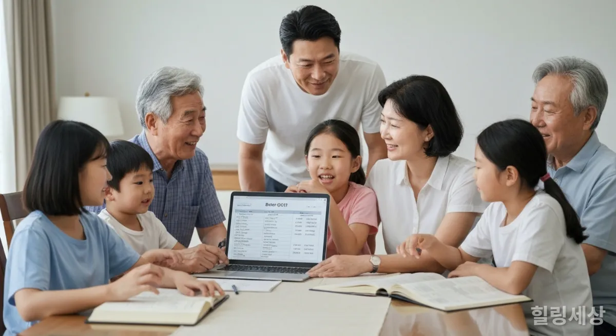 가족 여행 예산과 일정을 함께 검토하는 한국인 다세대 가족의 모습