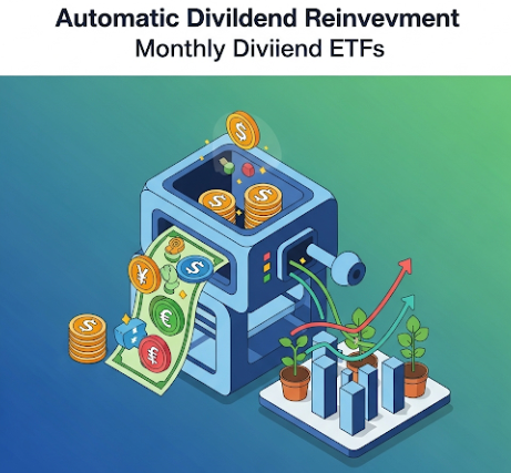 자동으로 돈이 재투자되어 자산이 불어나는 모습을 보여주는 기계 아이콘. 월배당 ETF의 배당 재투자 자동화 전략을 상징