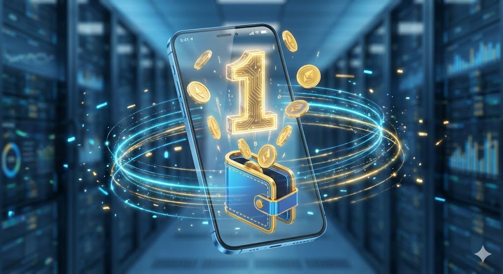 스마트폰 화면에 1위 랭킹과 함께 월배당 알림이 뜨는 화려한 그래픽 이미지