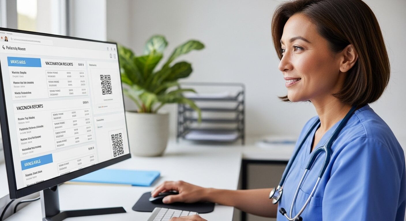컴퓨터 화면으로 예방접종 기록을 확인 중인 여성 의료진