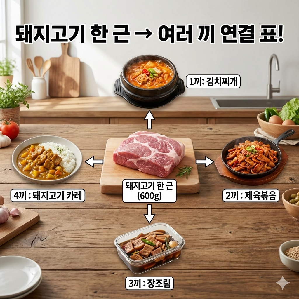 돼지고기 한 근 &rarr; 여러 끼 연결 표