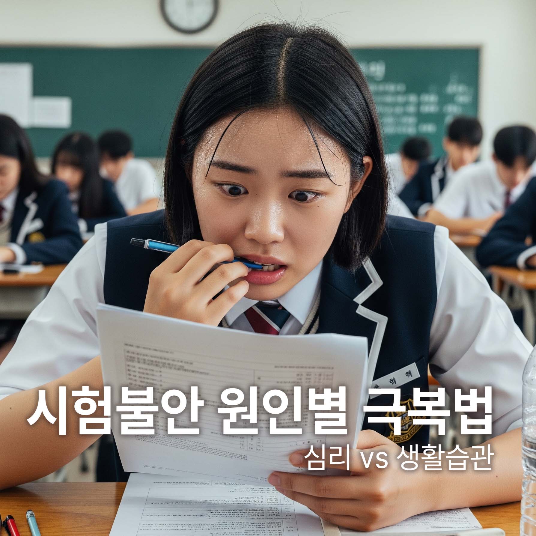 시험을 보는 고등학생 시험불안으로 인해 당황한얼굴을 하며 시험지를 보고 있다