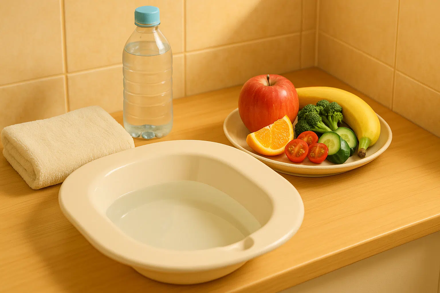 좌욕도구, 수건, 물병, 고섬유질 식단