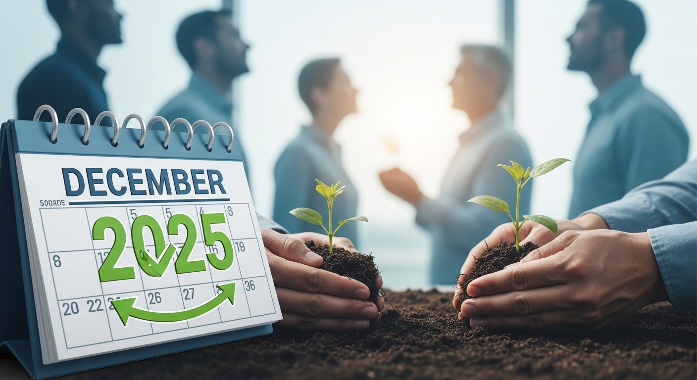 2025년 12월까지 연장된 신속채무조정 특례 제도를 상징하는 달력과 재정적 희망을 상징하는 새싹 이미지.