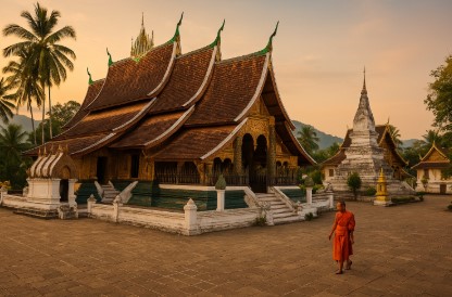 라오스 루앙프라방 왓 시엥통 사원 앞을 걷는 승려와 황금빛 석양에 물든 사찰 전경.