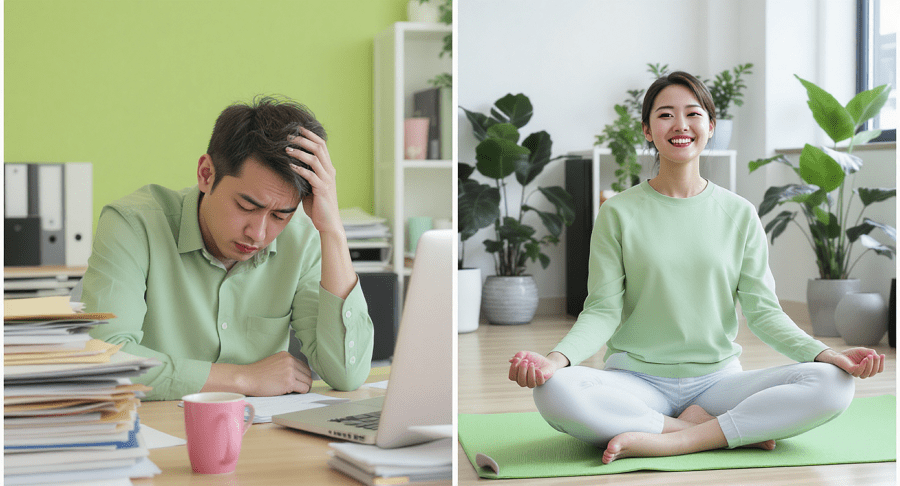 왼쪽 스트레스 받는 남성 직장인과 오른쪽 명상하며 웃는 여성의 대비 이미지