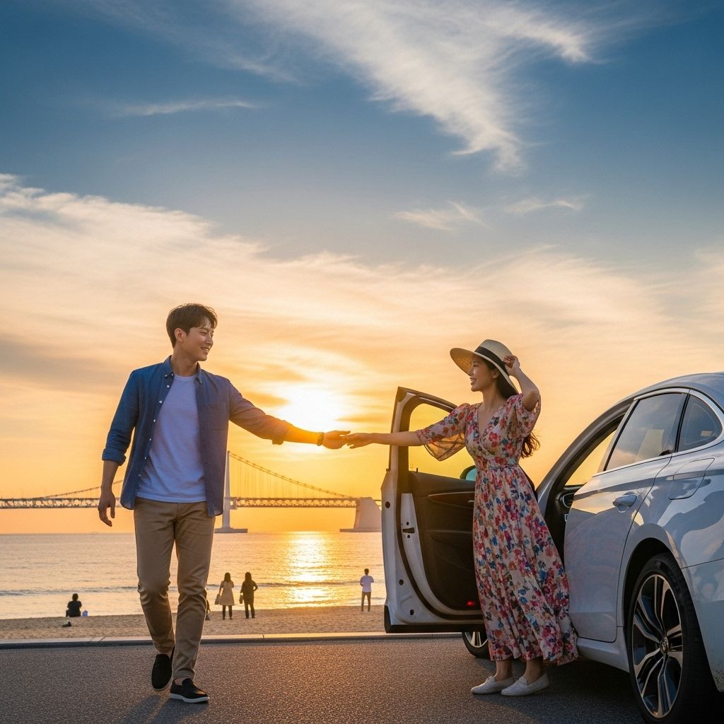경차 유류비 환급&amp;#44; 해변에 도착하여 자동차에서 내리는 연인