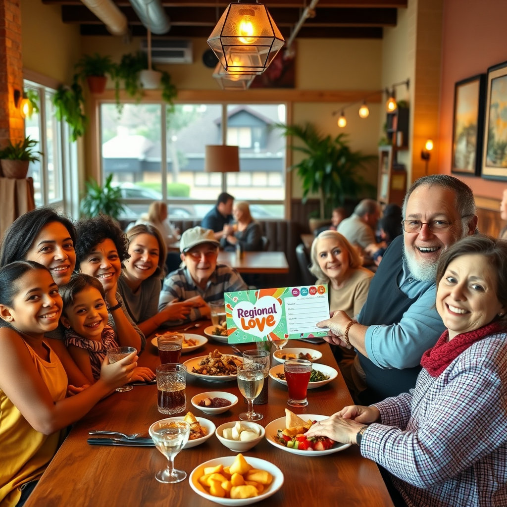 카페나 식당에서 지역사랑상품권으로 결제하고, 가족들이 함께 즐거워하는 모습을 그려주세요. 다양한 연령대의 가족 구성원이 함께하는 모습이면 좋습니다.