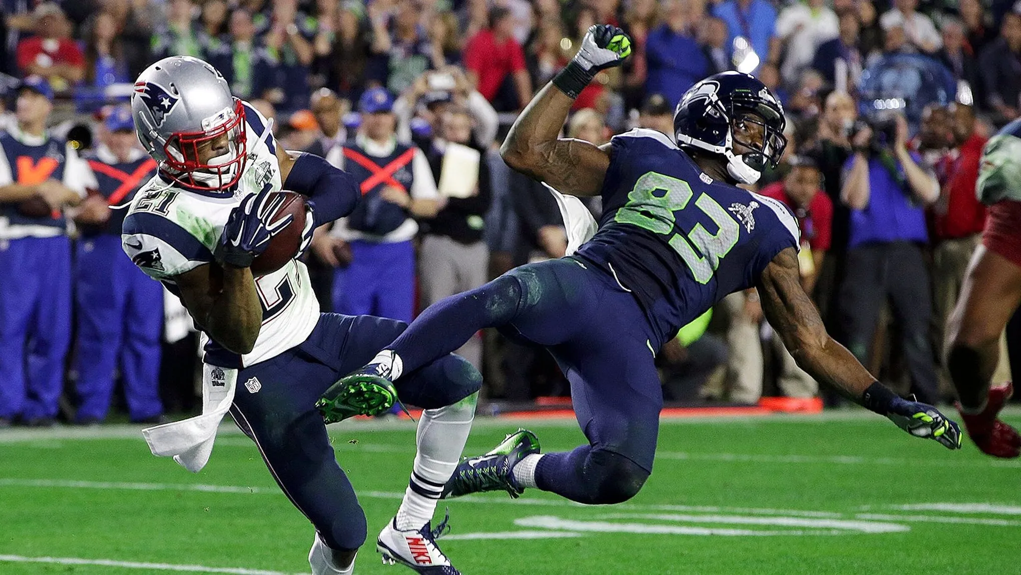 Patriots' Malcon Butler (21) making an interception in the 2015 Super Bowl