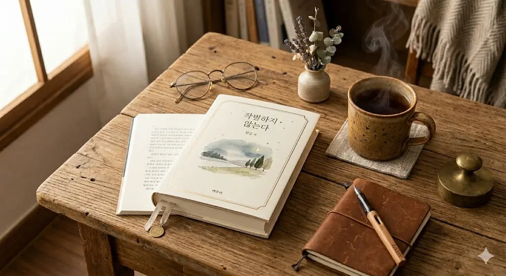 오래된 나무 테이블 위에 놓인 작별하지 않는다 소설책과, 그 옆에 하얀 김이 모락모락 피어오르는 따뜻한 홍차 한 잔