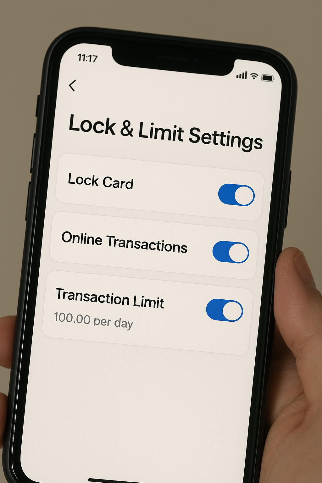 락(결제 차단)과 한도(리밋)를 토글로 설정하는 카드 앱 화면, 해외&middot;온라인 채널을 일시 해제 후 다시 잠그는 모습