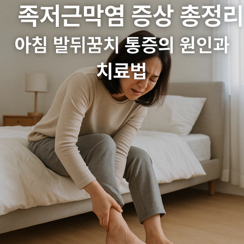 족저근막염 통증으로 아침에 걷기 힘들어하는 한국인 중년 여성