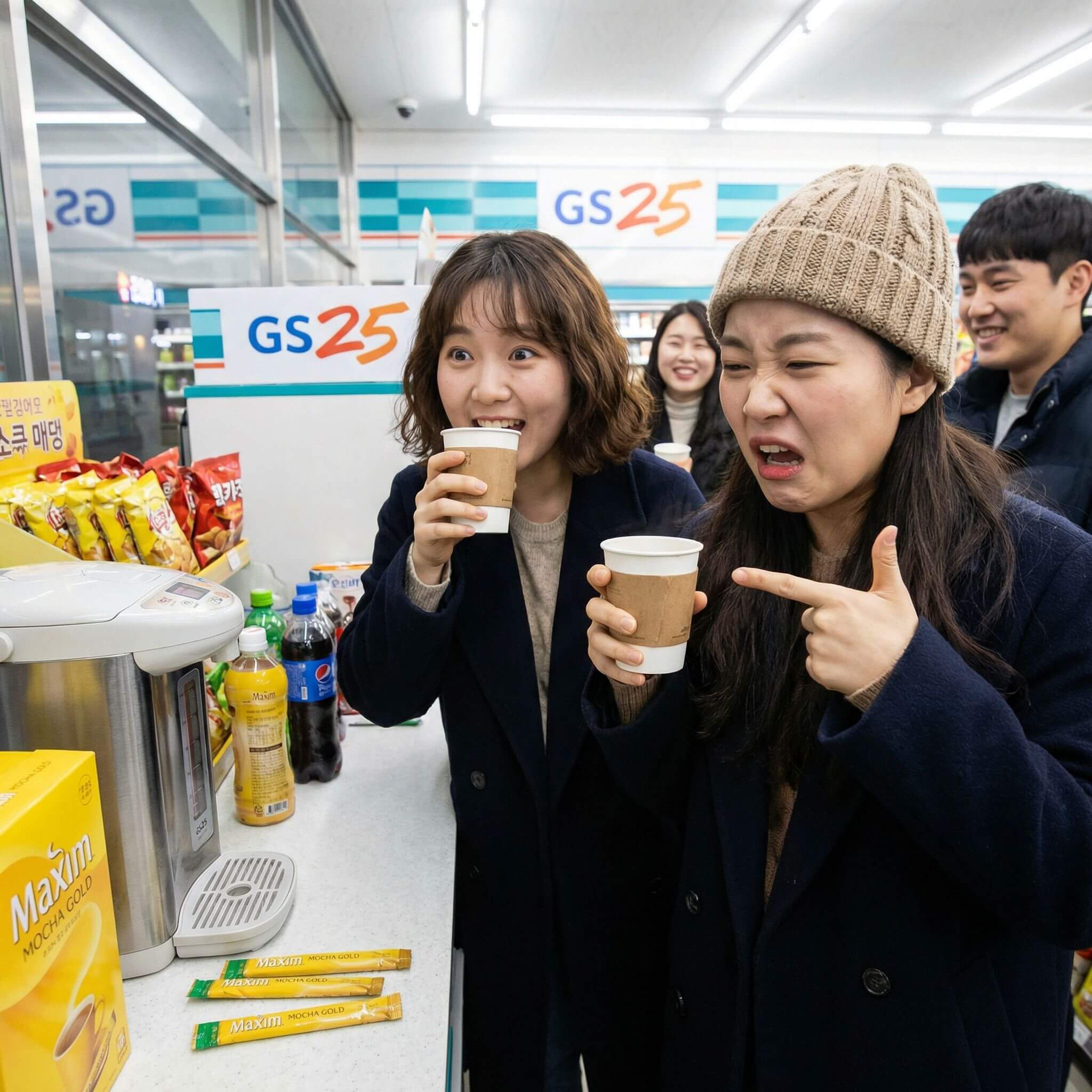 편의점에서 커피를 마시고있는 여자들