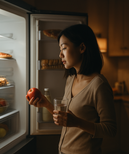 냉장고 앞에서 물과 사과를 들고 고민하고 있는 여자의 모습