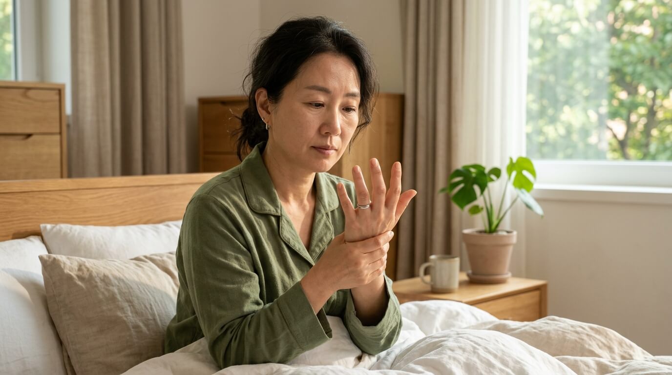 아침 햇살 아래 손가락 부종을 확인하는 중년 여성의 모습