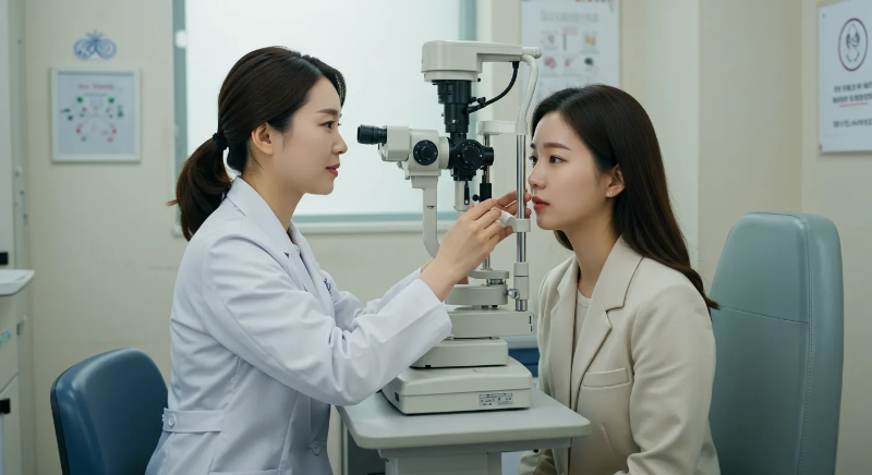 안과에서 시력 검사를 하고 있는 여성 이미지