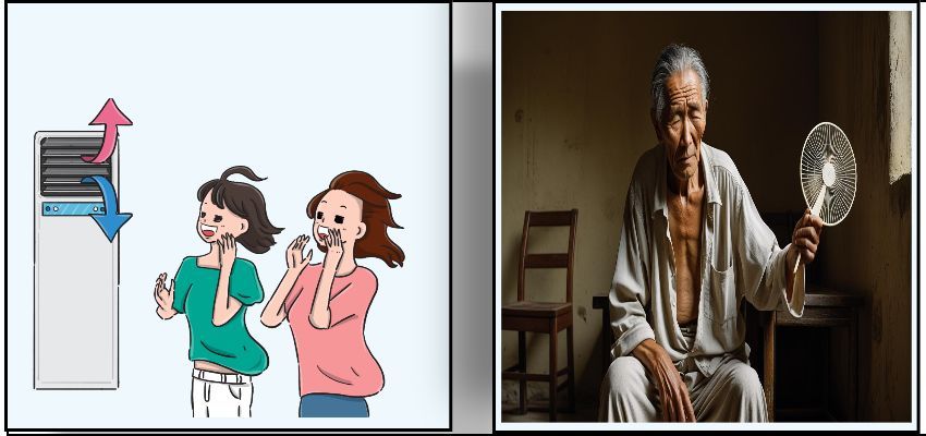폭염 속 에어컨을 사용하는 여성과 선풍기만 사용하는 고령자 대비 이미지
