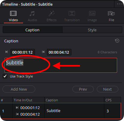 기존에 입력된 Subtitle 텍스트 삭제 후 첫 번째 자막 입력하기