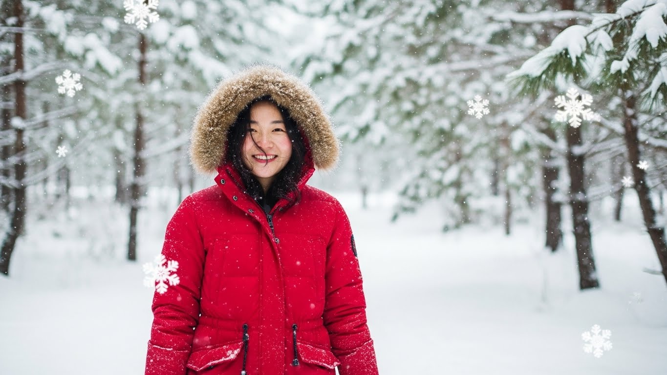 [이미지 #3: 빨간 코트를 입고 눈 내리는 숲속에서 웃고 있는 인물 사진]