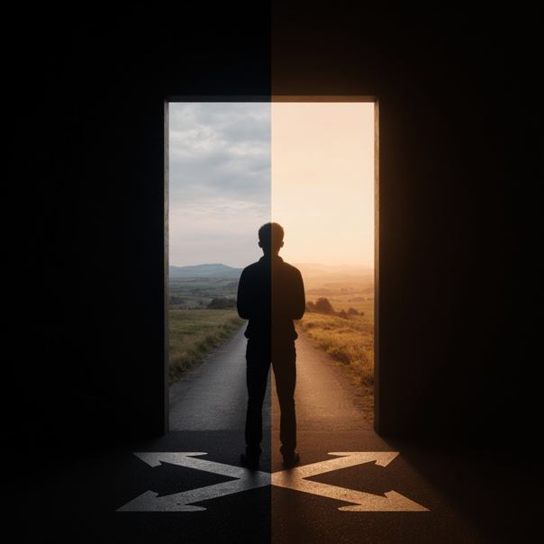 갈림길과 열린 문 앞에 사람이 서 있는 장면으로 한쪽은 어둡고 다른 쪽은 밝은 빛이 들어오는 대비적 구성으로 선택과 자유를 상징하는 모습이다.