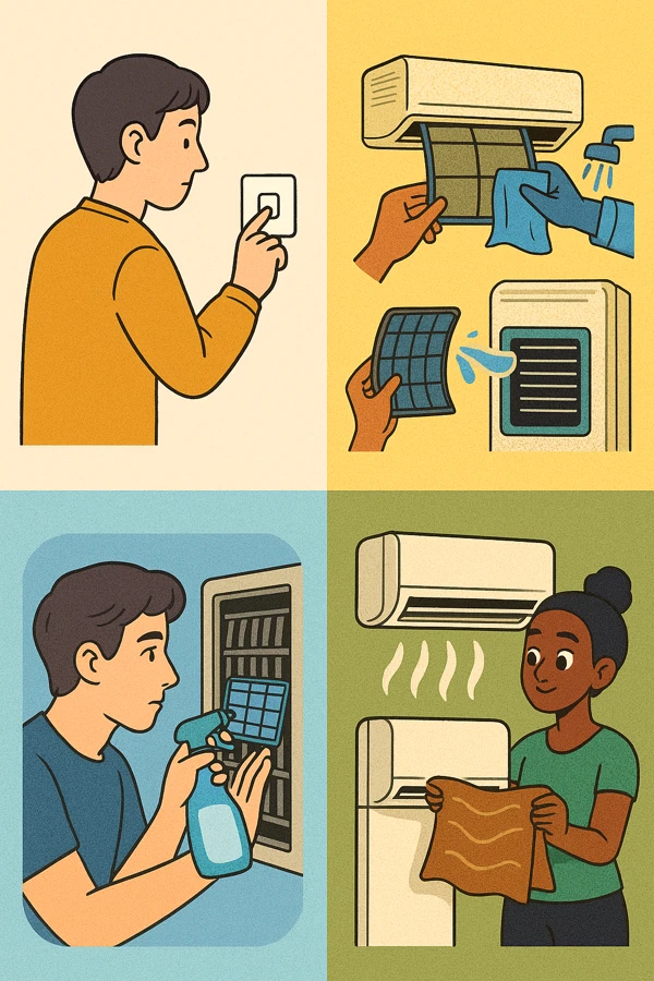 스탠드형 에어컨 셀프 청소 주요 단계(전원 차단, 필터 분리 및 세척, 냉각핀 세척, 건조 및 조립)를 순서대로 보여주는 그림