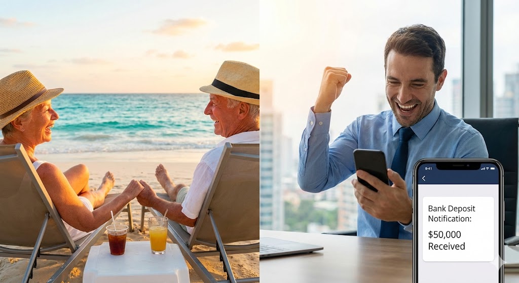 편안한 노후를 즐기는 모습 or 통장에 '환급금'이 입금되어 기뻐하는 직장인