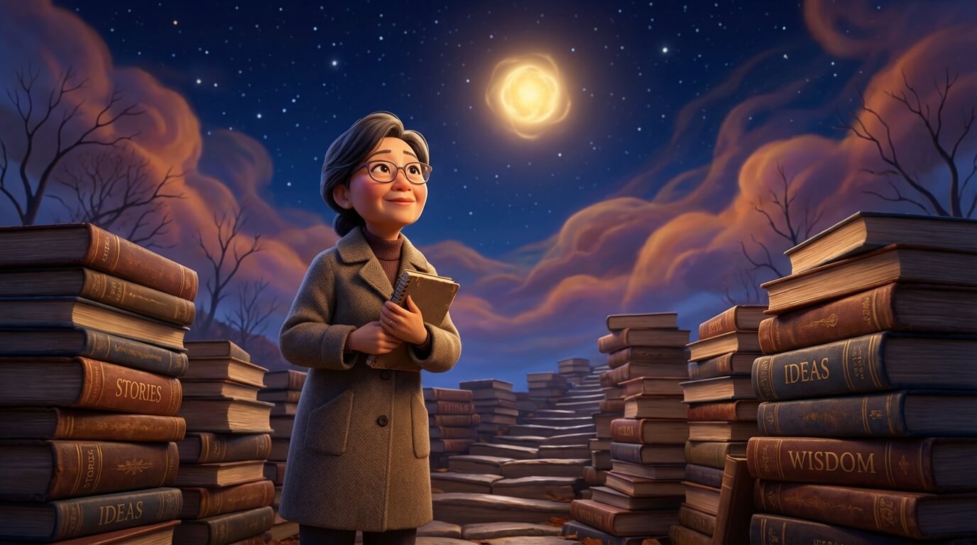 2024년 노벨문학상을 수상한 한강 작가의 30년 집필 여정과 그녀를 키운 부모님의 독서 교육 철학을 상징하는 일러스트.