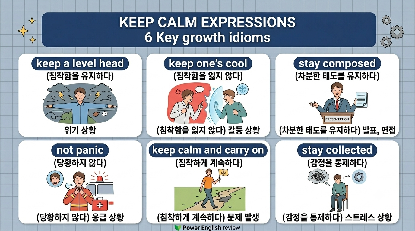 위기나 갈등 상황에서 침착함을 유지하는 영어 표현 6가지(keep a level head, keep one's cool, stay composed, not panic, keep calm and carry on, stay collected)의 영문 표기, 상황별 일러스트 삽화, 상세한 한글 뜻과 구체적인 사용 상황을 2x3 격자 카드로 정갈하게 정리한 인포그래픽 스타일의 티스토리 블로그 썸네일 이미지